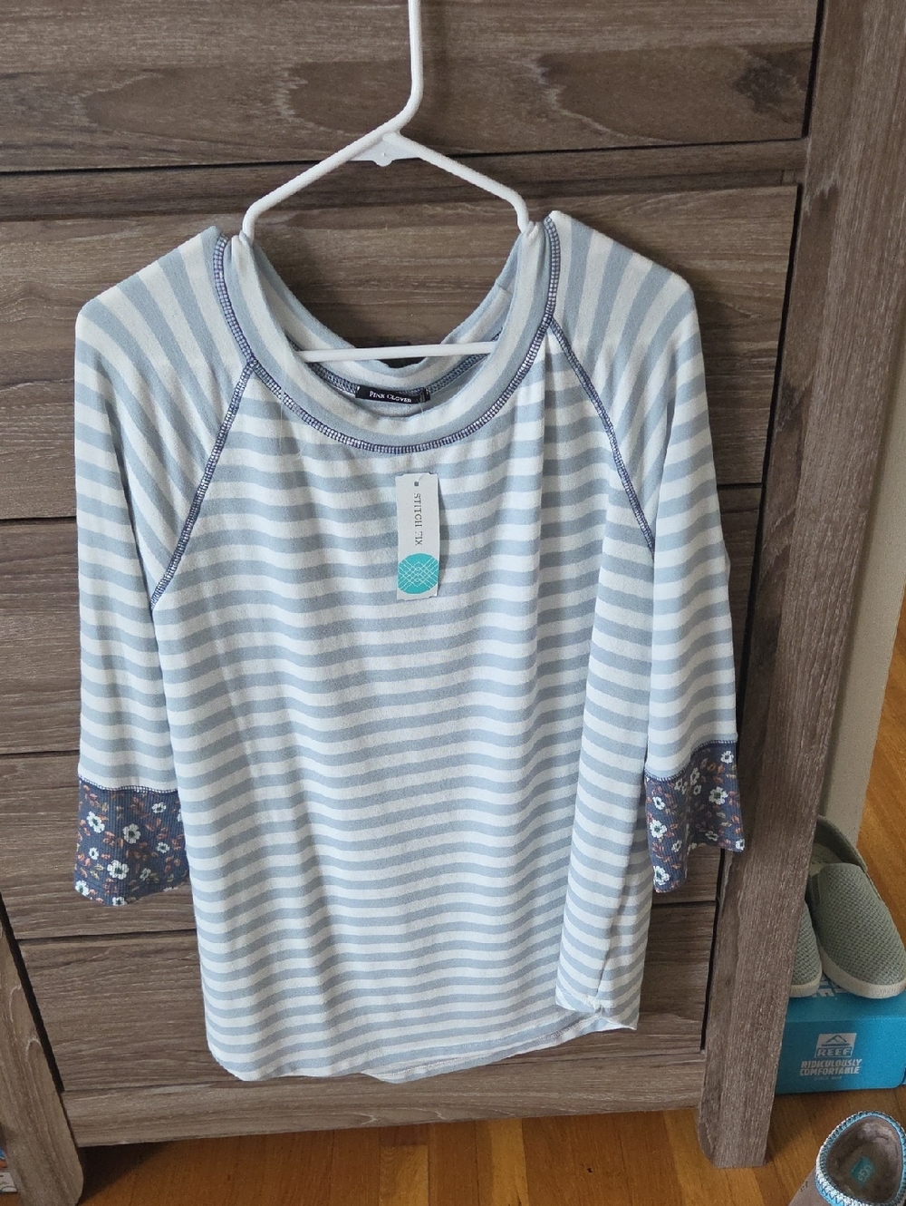 Pink Clover Light Blue & White Striped Raglan Top with Floral Cuffs